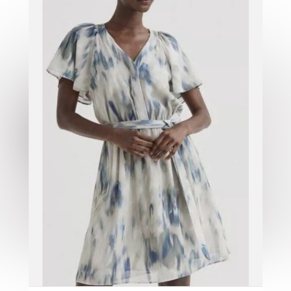 H&M chiffon gray and teal fit-and-flare V-neck dress with ruffled sleeves